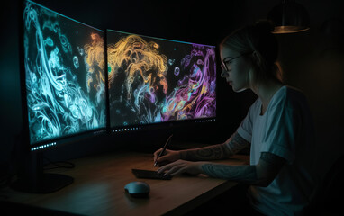 young creative girl with big curly hair draws bright works of art on a large computer screen. Designer.