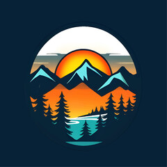 Adventure design logo mountain, sunset, and lake in 3 color. Generative AI.