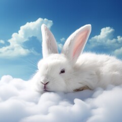 White fluffy rabbit on blue sky background with clouds. Easter concept.AI.