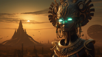 An otherworldly alien deity blending Egyptian and cosmic mystique