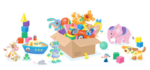 A large box with children's toys and many colorful toys around. In cartoon style. Isolated on white background. Vector flat illustration - obrazy, fototapety, plakaty