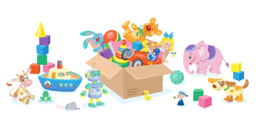 Foto op Aluminium Auto cartoon A large box with children's toys and many colorful toys around. In cartoon style. Isolated on white background. Vector flat illustration
