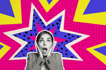Horizontal creative photo collage of black white gamma young woman with opened mouth impressed shocked amazed of sales discount offers