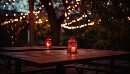 dining tables under a lights on a roof covered in trees - obrazy, fototapety, plakaty