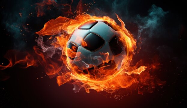 an image of a soccer ball that is surrounded by fire