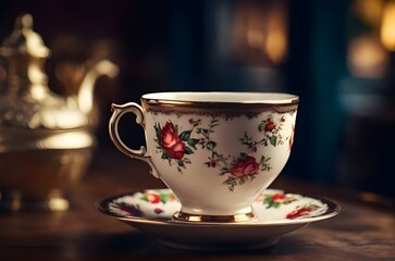 Fototapeta premium classic tea cup on the table blurred background