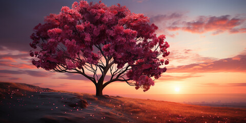 Red heart tree in the meadow at sunset Beautiful autumn landscape with lonely tree on the meadow at sunset Nature composition. 3D render.