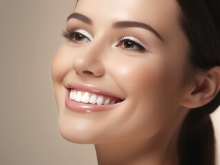 Beautiful wide smile of healthy woman, white teeth close up. Generative AI