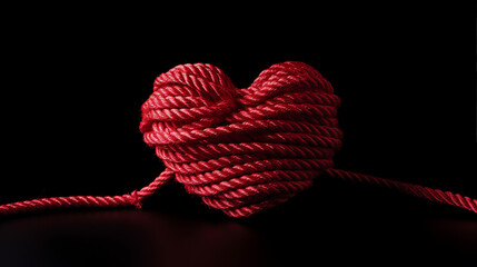 Timeless Love: Red Heart with Bundle Rope on Black Background, Perfect for Romantic Promotions and Text Spaces