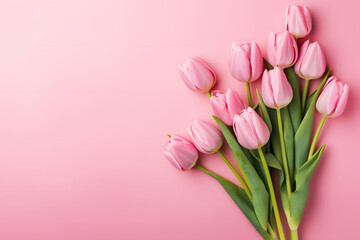 A bouquet of delicate pink tulips on a plain background.