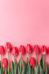 Many red tulips arranged in a row on a plain background.