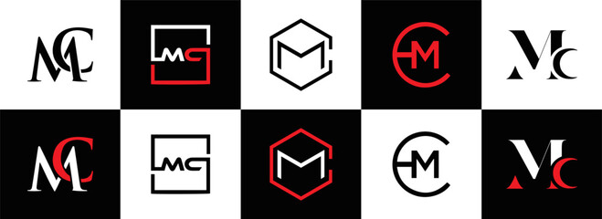 MC logo. M C design. White MC letter. MC, M C letter logo design. Initial letter MC linked circle uppercase monogram logo. M C letter logo vector design. MC letter logo design five style.	
