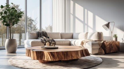 Livingroom, edge tree stump accent coffee table with big couch in room, Minimalist home interior design of modern living room in house, Generative AI