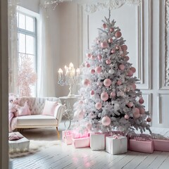minimalist white living room with stylish pink and white Christmas tree 