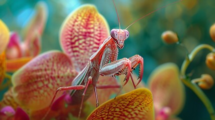 Vibrant orchid mantis camouflaged among tropical flowers.