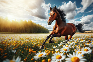 Dark horse in a summer landscape gallops through a chamomile field against a background of blue sky with clouds on a sunny day - obrazy, fototapety, plakaty