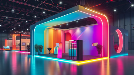 Futuristic Exhibition Stand Design with Vibrant Geometric Shapes, Illuminated Display Booths in Modern Trade Show, Colorful Event Presentation