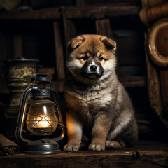 little Akita Inu puppy in a dark room