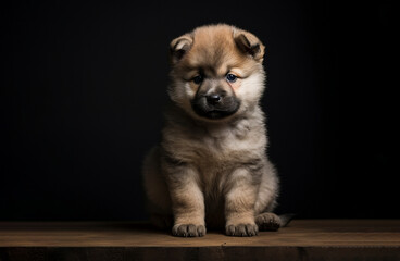 little Akita Inu puppy in a dark room