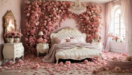 "Timeless Romance: Vintage Bedroom Elegance with Cascading Rose Petals"






