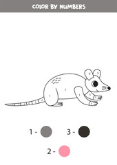 Color cartoon gray opossum by numbers. Worksheet for kids.