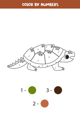 Color cartoon caiman turtle by numbers. Worksheet for kids.