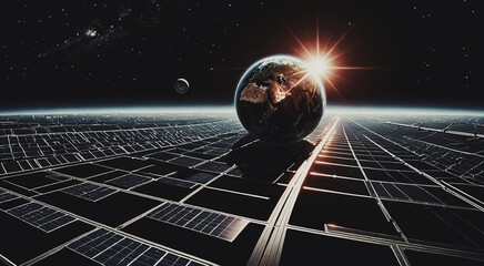 illustrazione concettuale di sostenibilità energetica, spazio con pianeti e strutture tecnologiche per la produzione di energia