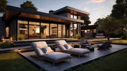 Fototapeta premium modern dark villa with open plan living and private chair wing with small terrace for relaxation