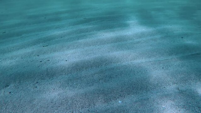 Close up of lines of sand on seafloor on bright sunny day in coastal area, Slow motion. Natural underwater background, Moving forward over sandy seabed with sun glare
