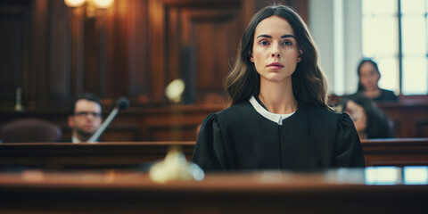 Mulher em um tribunal com juiz  - obrazy, fototapety, plakaty