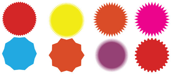 Set of vector starburst, sunburst badges. Nine different color. Simple flat style Vintage labels. Design elements. red stickers. A collection of different types and colors icon