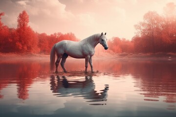 Obraz na płótnie Canvas A majestic stallion stands tall in the shimmering waters, its reflection mirroring the endless expanse of the sky above, embodying the grace and power of the wild