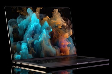 A vibrant laptop screen filled with swirling, colorful smoke captures the mesmerizing allure of technology and the ever-changing landscape of digital media
