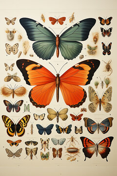 coloured engravings of the 19th century with entomological collections. AI generative.
