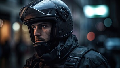 Fototapeta premium A stoic figure clad in protective armour and a helmet gazes down the bustling street, concealing his human face from the chaos of the world