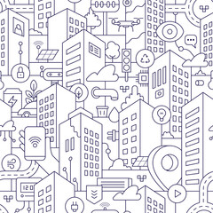 A seamless vector pattern of a smart city that integrates various technologies and data-driven solutions. Light-themed background