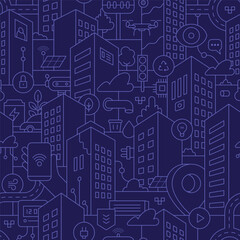 A seamless vector pattern of a smart city that integrates various technologies and data-driven solutions. Dark-themed background