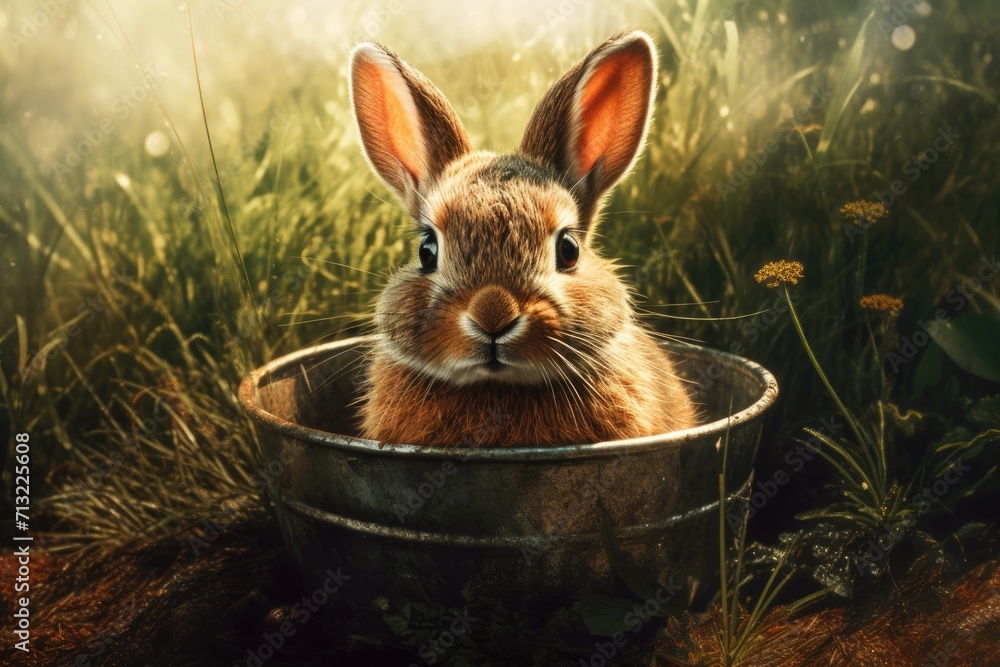 Poster a domestic rabbit sits in a bucket amidst a field of vibrant grass, its soft fur resembling that of  - Posters