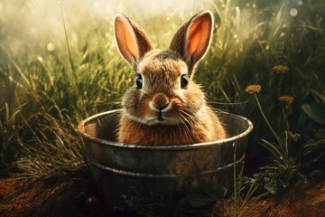 A domestic rabbit sits in a bucket amidst a field of vibrant grass, its soft fur resembling that of a mountain cottontail as it gazes at the audubons cottontail nearby