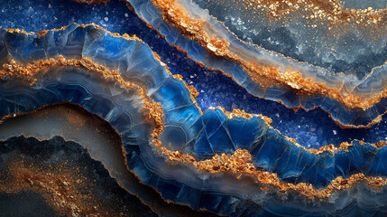 Sapphire blue marble stone with gold vein. Vivid graphite texture geode wallpaper background - obrazy, fototapety, plakaty