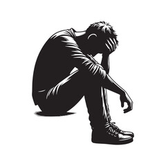 Lament of Loneliness: Depressed Man Silhouette Set Expressing the Isolation and Yearning for Connection - Depression Silhouette - Depressed Man Vector
