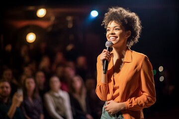Woman speaker makes presentation of product from podium to huge male audience in hall. Smiling businesswoman confident about success in future after conference