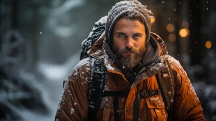 Adventurer backpacker man in winter forest illustration
