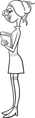 cartoon girl or young woman character with book coloring page