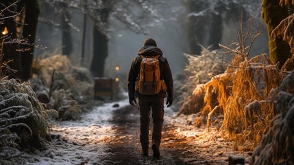 Adventurer backpacker man in winter forest illustration - 713226056