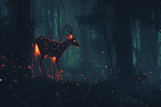 glowing deer in dark forest