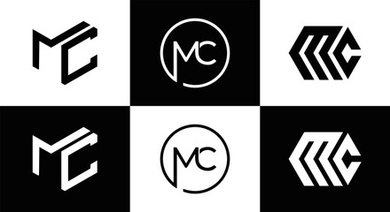 MC logo. M C design. White MC letter. MC, M C letter logo design. Initial letter MC linked circle uppercase monogram logo. M C letter logo vector design. MC letter logo design five style.	
