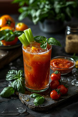 Tomato juice with herbs. AI generative.