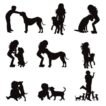Vector silhouettes of child with his dog on white background. Symbol of pet and canine.
