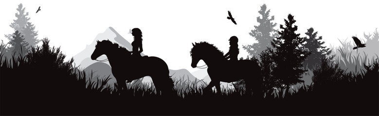 Vector silhouette of couple riding horses in park. Symbol of nature and horse riding. - 713226815